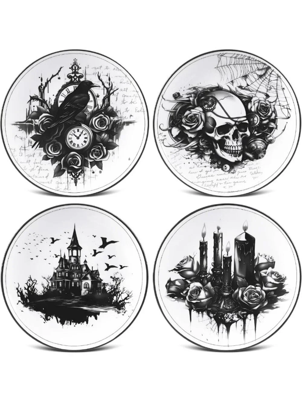 Gothic Halloween Dinnerware Set - 4 Ceramic Skull Plates for Spooky Decor